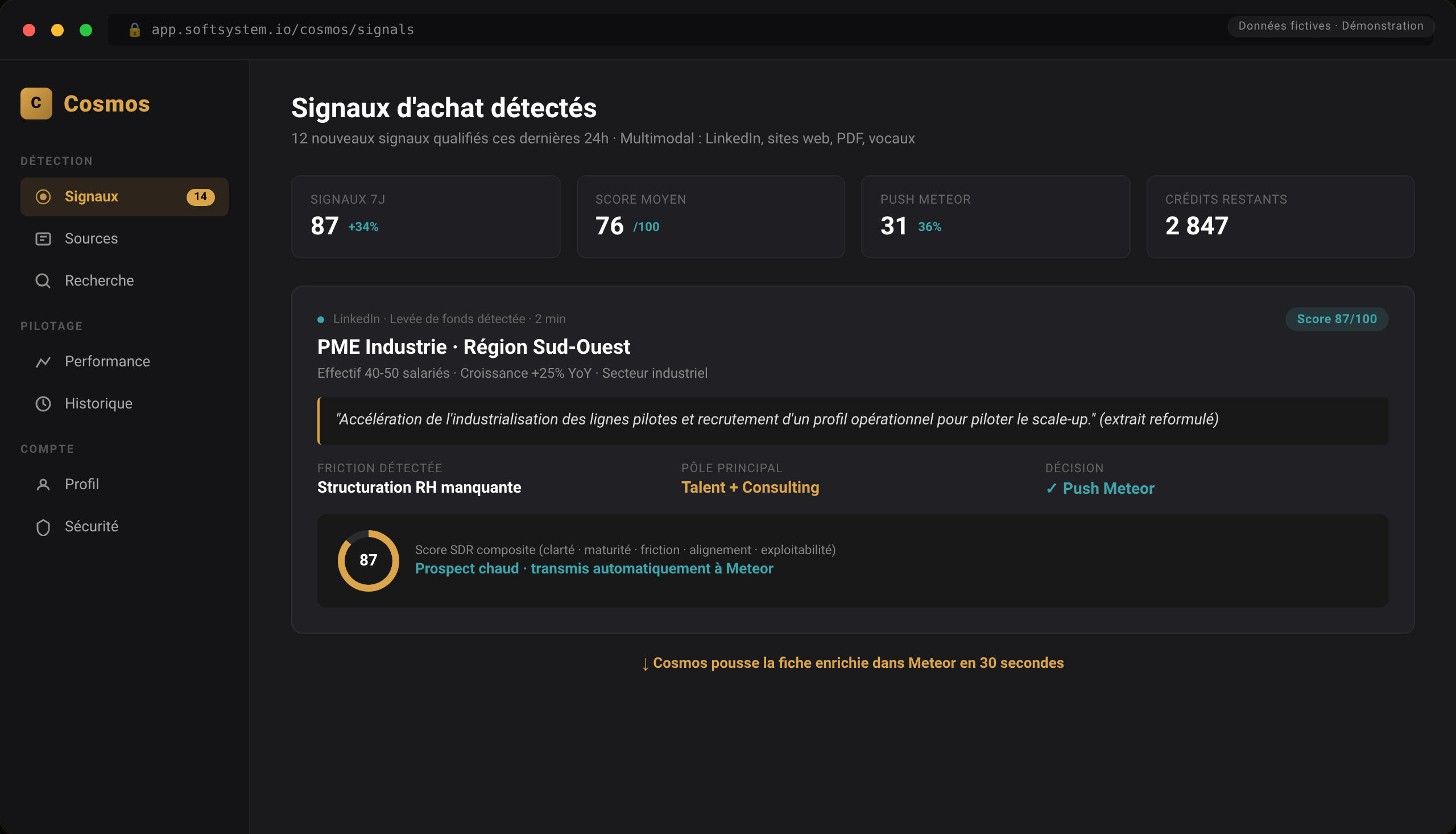 Interface Cosmos : signaux d'achat détectés et qualifiés