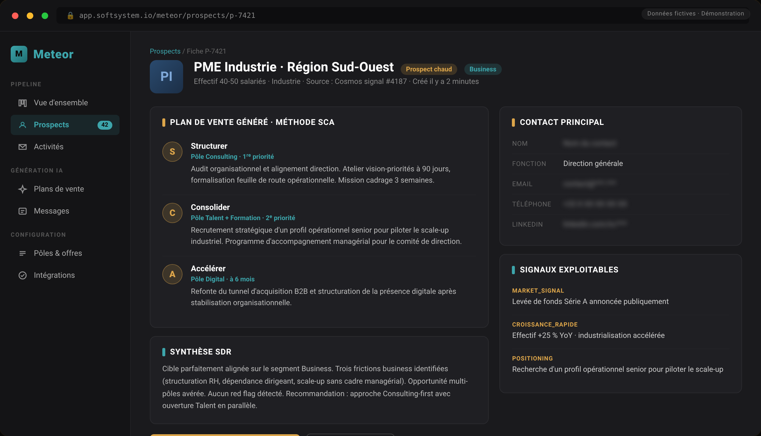 Interface Meteor : fiche prospect avec plan de vente SCA